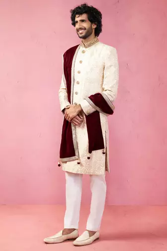 beige silk sherwani set with pyjama & velvet dupatta - royal wedding wear