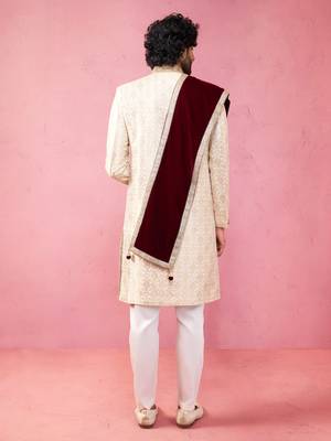 beige silk sherwani set with pyjama & velvet dupatta - royal wedding wear 5