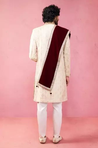 beige silk sherwani set with pyjama & velvet dupatta - royal wedding wear