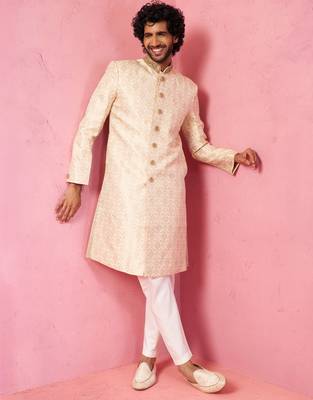 beige silk blend sherwani set with cream pyjama - wedding traditional 1