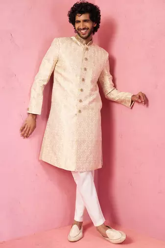 men's beige silk blend sherwani set with cream pyjama - wedding traditional