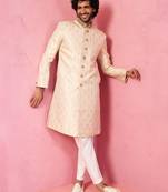 beige silk blend sherwani set with cream pyjama - wedding traditional