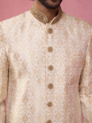 beige silk blend sherwani set with cream pyjama - wedding traditional 2