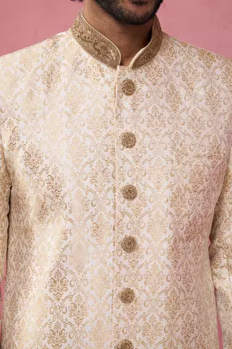 beige silk blend sherwani set with cream pyjama - wedding traditional