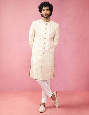 beige silk blend sherwani set with cream pyjama - wedding traditional 3