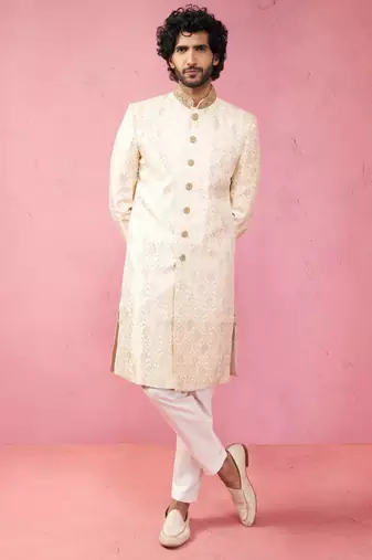 beige silk blend sherwani set with cream pyjama - wedding traditional