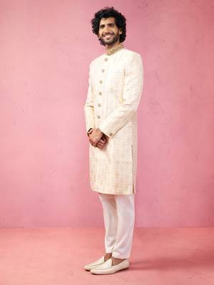 beige silk blend sherwani set with cream pyjama - wedding traditional 4