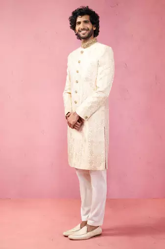 beige silk blend sherwani set with cream pyjama - wedding traditional