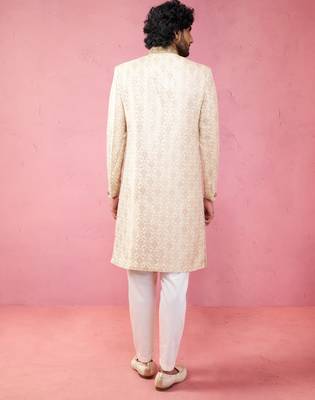 beige silk blend sherwani set with cream pyjama - wedding traditional 5