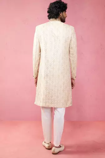beige silk blend sherwani set with cream pyjama - wedding traditional