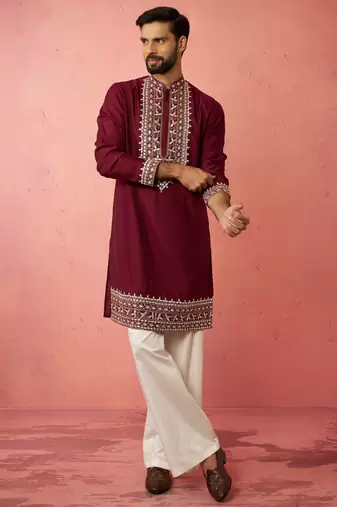men's wine chanderi kurta set with cream pant - premium wedding wear