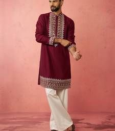 men's wine chanderi kurta set with cream pant - premium wedding wear