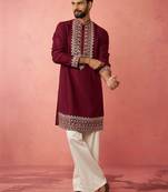 men's wine chanderi kurta set with cream pant - premium wedding wear