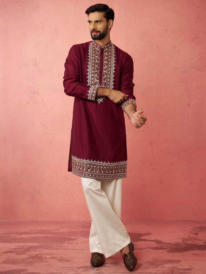 men's wine chanderi kurta set with cream pant - premium wedding wear