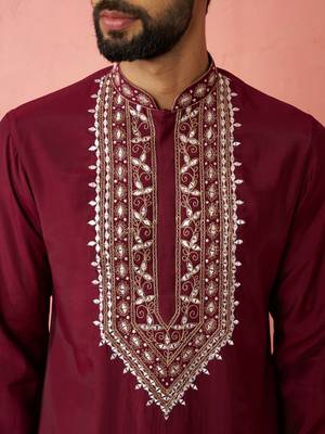 men's wine chanderi kurta set with cream pant - premium wedding wear 2