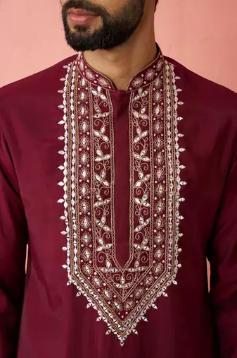 men's wine chanderi kurta set with cream pant - premium wedding wear