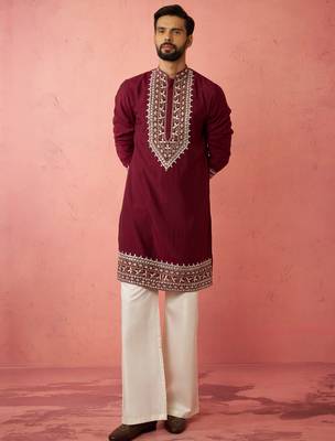 men's wine chanderi kurta set with cream pant - premium wedding wear 3