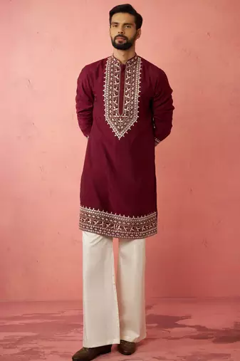 men's wine chanderi kurta set with cream pant - premium wedding wear