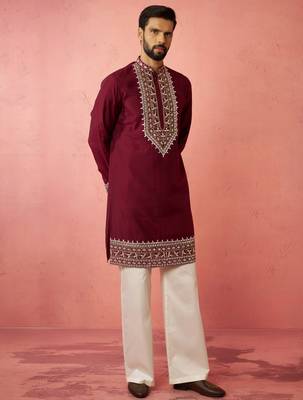men's wine chanderi kurta set with cream pant - premium wedding wear 4