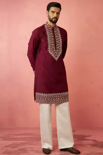 men's wine chanderi kurta set with cream pant - premium wedding wear