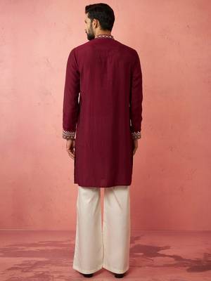 men's wine chanderi kurta set with cream pant - premium wedding wear 5