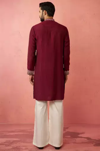 men's wine chanderi kurta set with cream pant - premium wedding wear