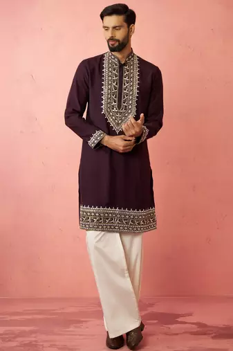men's purple chanderi kurta set with cream pant - royal wedding collection