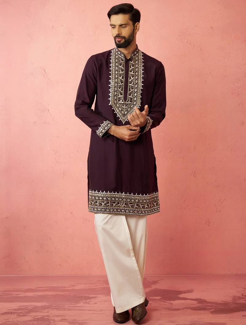men's purple chanderi kurta set with cream pant - royal wedding collection