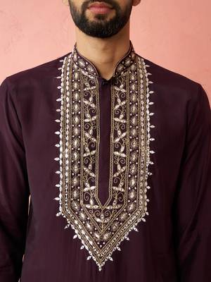 men's purple chanderi kurta set with cream pant - royal wedding collection 2