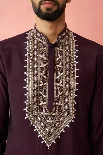 men's purple chanderi kurta set with cream pant - royal wedding collection