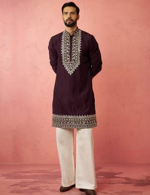 men's purple chanderi kurta set with cream pant - royal wedding collection 3