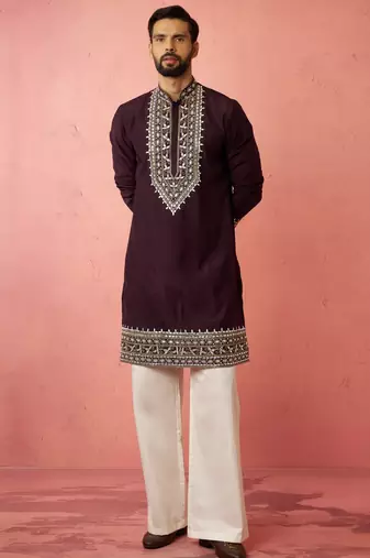 men's purple chanderi kurta set with cream pant - royal wedding collection