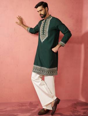 men's bottle green chanderi kurta set with cream pant - premium wedding 1
