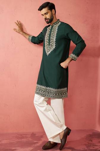 men's bottle green chanderi kurta set with cream pant - premium wedding