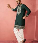 men's bottle green chanderi kurta set with cream pant - premium wedding