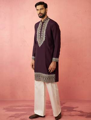 men's purple chanderi kurta set with cream pant - royal wedding collection 4