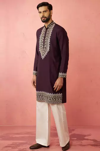 men's purple chanderi kurta set with cream pant - royal wedding collection