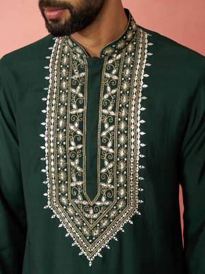 men's bottle green chanderi kurta set with cream pant - premium wedding 2