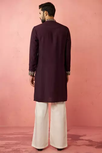 men's purple chanderi kurta set with cream pant - royal wedding collection