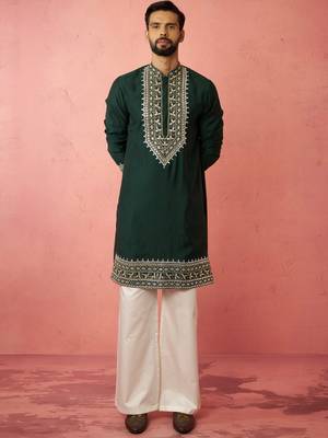 men's bottle green chanderi kurta set with cream pant - premium wedding 3