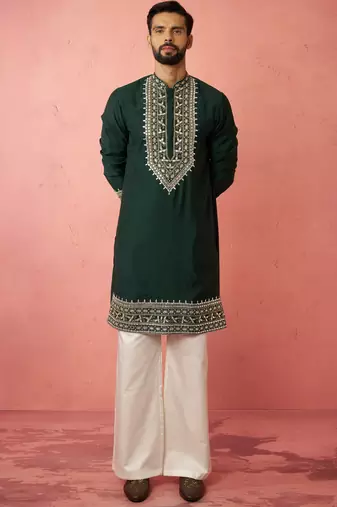 men's bottle green chanderi kurta set with cream pant - premium wedding