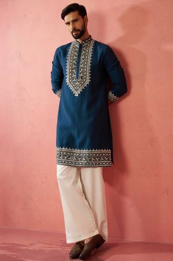 men's turquoise chanderi kurta set with cream pant - wedding special
