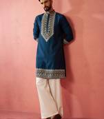 men's turquoise chanderi kurta set with cream pant - wedding special