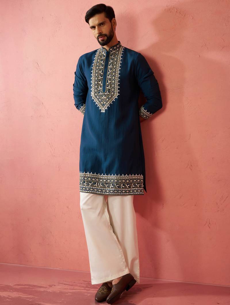 men's turquoise chanderi kurta set with cream pant - wedding special