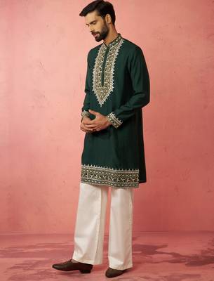 men's bottle green chanderi kurta set with cream pant - premium wedding 4