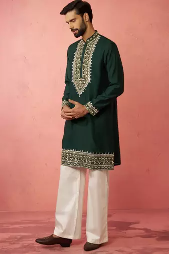 men's bottle green chanderi kurta set with cream pant - premium wedding