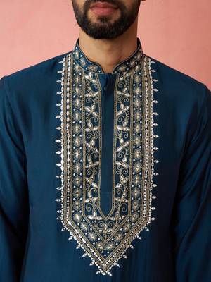 men's turquoise chanderi kurta set with cream pant - wedding special 2