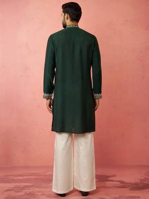 men's bottle green chanderi kurta set with cream pant - premium wedding 5