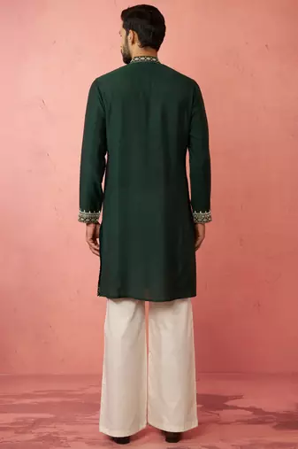 men's bottle green chanderi kurta set with cream pant - premium wedding
