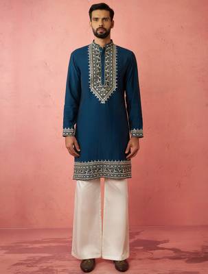 men's turquoise chanderi kurta set with cream pant - wedding special 3